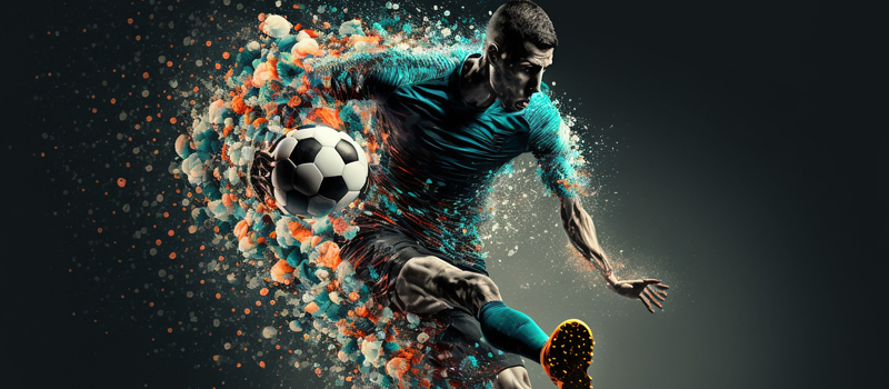 Jogador de futebol segurando bola com efeitos ao redor do corpo
